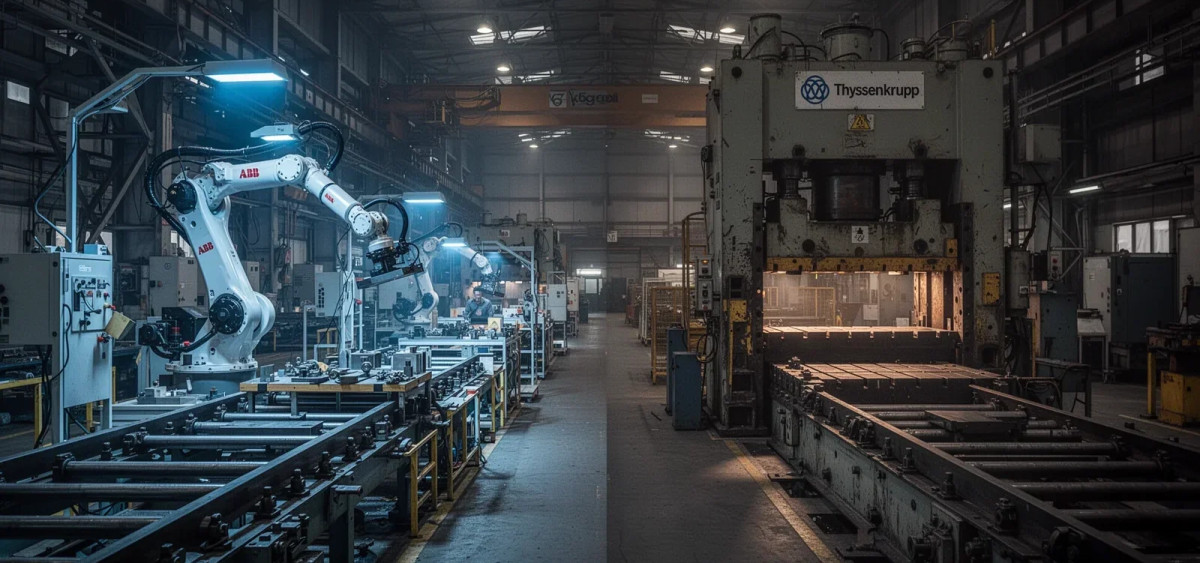 Beitragsbild zu ABB sichert KI-Deal, Thyssenkrupp stoppt Produktion — Industriesektor driftet auseinander