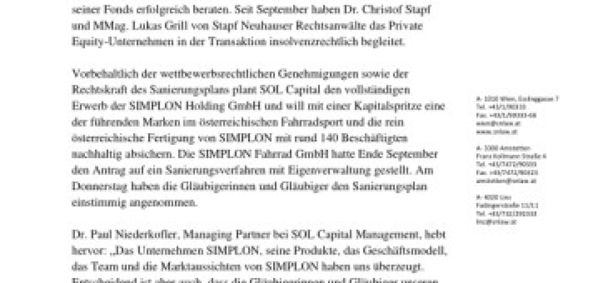 Beitragsbild zu Stapf Neuhauser begleitet SOL Capital bei Erwerb von SIMPLON