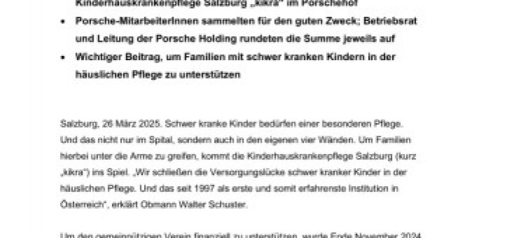 Beitragsbild zu Spendenaktion der Porsche Holding bringt 8.000 Euro zur Unterstützung der mobilen Kinderpflege in Salzburg
