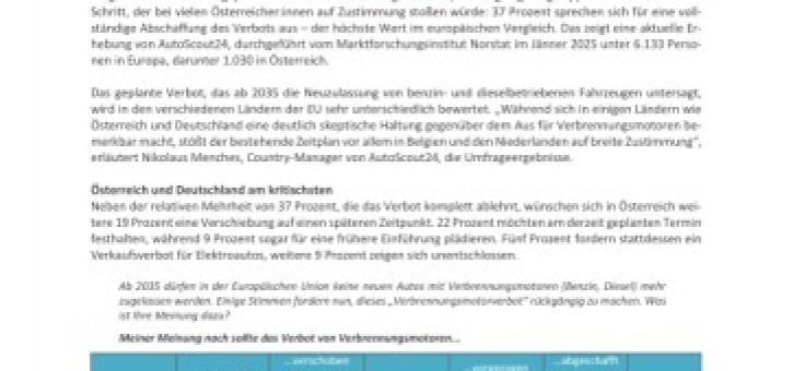 Beitragsbild zu AutoScout24 Europa-Umfrage: Österreicher:innen lehnen Verbrenner-Aus am stärksten ab
