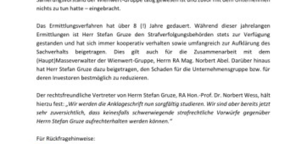 Beitragsbild zu Causa „Wienwert“: Stellungnahme zur WKStA-Anklage gegen Herrn Stefan Gruze