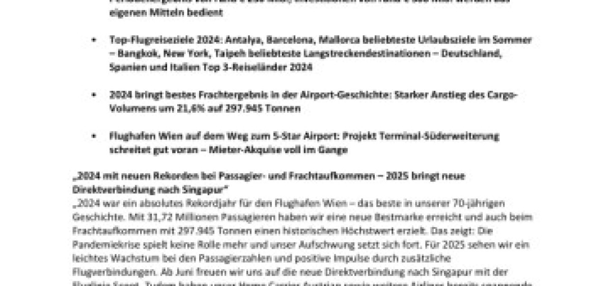 Beitragsbild zu 2024 bringt neue Rekorde für Flughafen Wien: Starker Passagierzuwachs auf 31,72 Mio., rund 50.000 Reisende mehr als im Vorkrisenjahr 2019