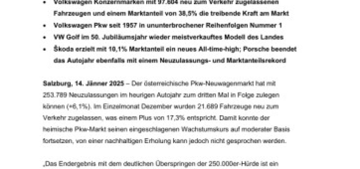 Beitragsbild zu Pkw-Neuwagenmarkt in Österreich 2024: „Wir haben wieder geliefert und mit 38,5% Markanteil unsere herausragende Position gefestigt!“